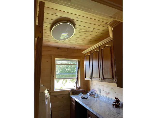 Cabin-style bathroom with wood walls and ceiling.